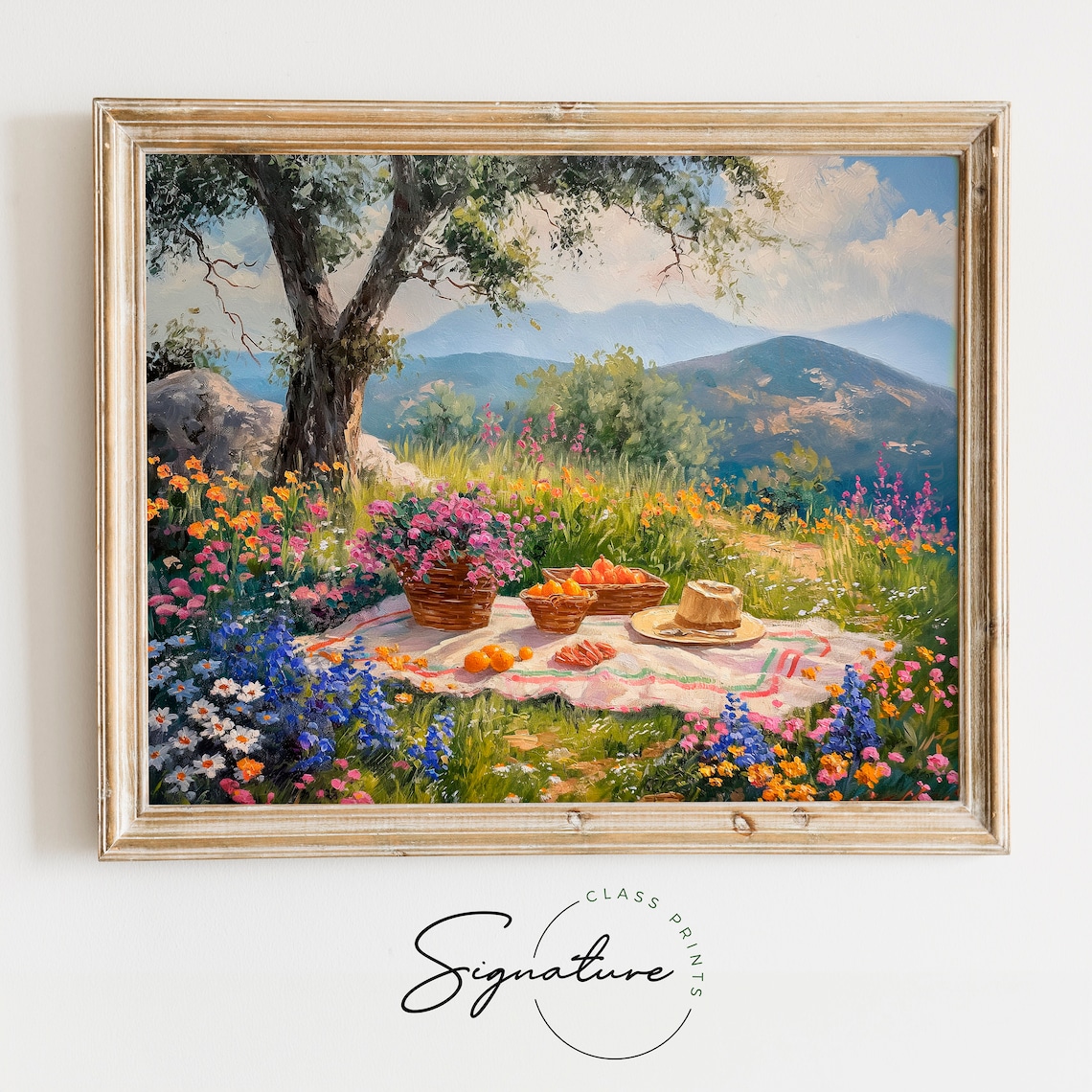 Wildflower Picnic Basket Fruit Summer Meadow Mountains Vintage Oil Poster