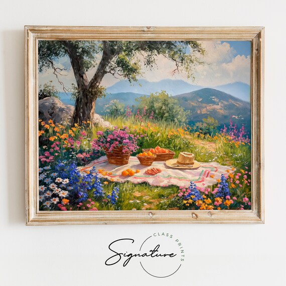 Wildflower Picnic Basket Fruit Summer Meadow Mountains Vintage Oil Poster