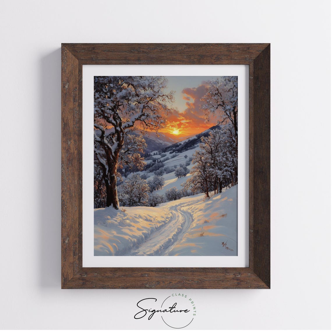 Snowy Mountain Valley Warm Sunset Glow Winter Landscape Poster - Image 3