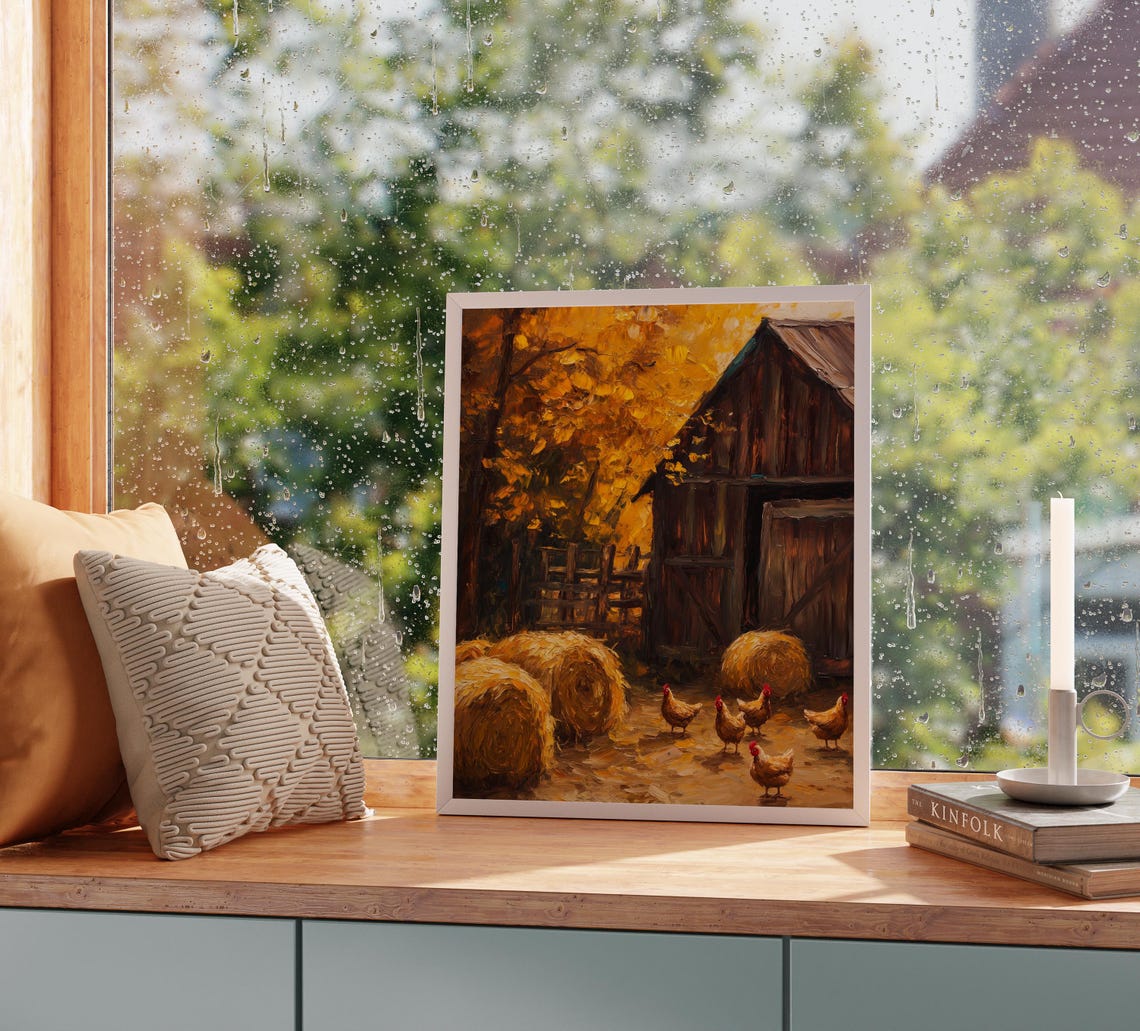 Autumn Farmyard With Chickens Barn And Hay Bales Rustic Poster - Image 2