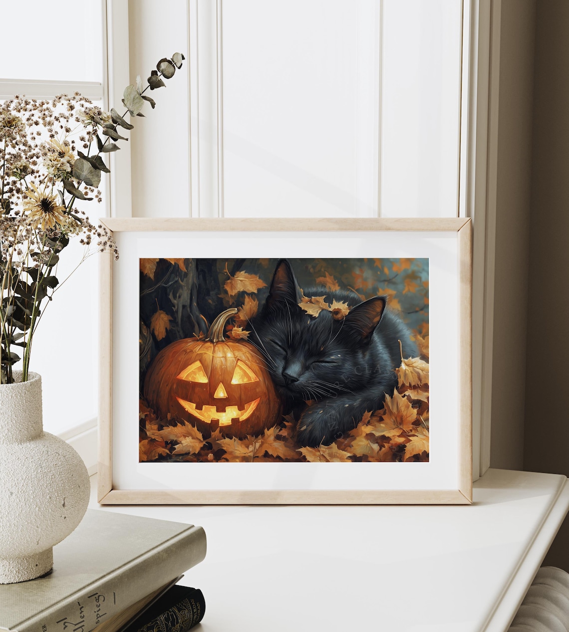 Sleeping Black Cat Nestled Against a Glowing Pumpkin in Fall Leaves Poster - Image 6