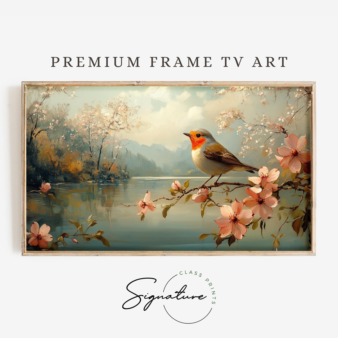 Robin Perched Blooming Branch Pink Blossoms Lakeside Mountain View Poster