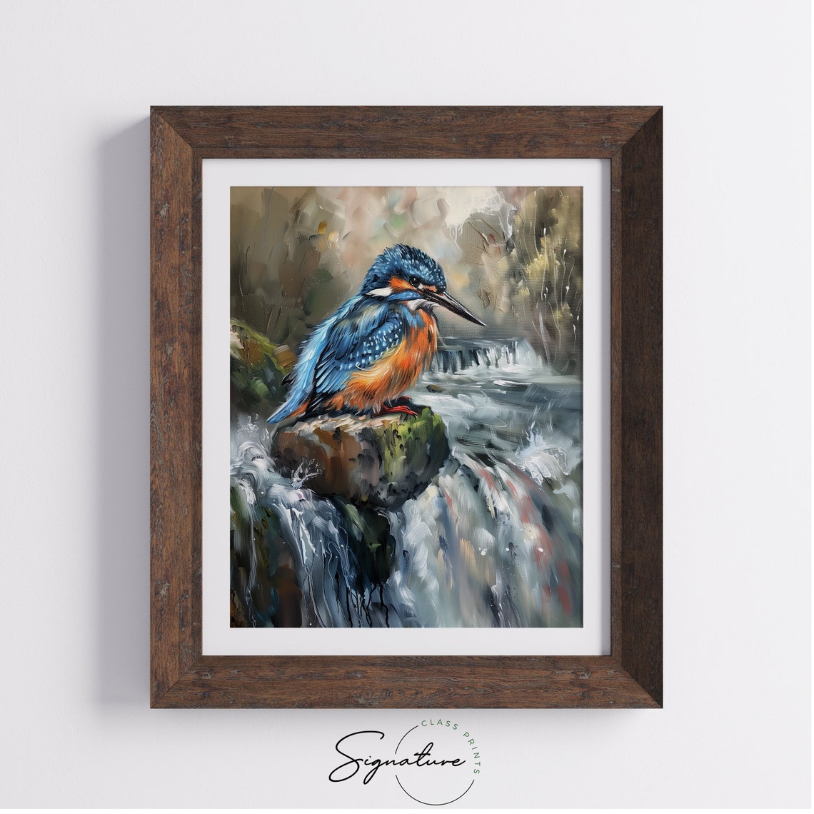 Kingfisher Perched By Waterfall Vivid Blue Bird Painting Poster - Image 4
