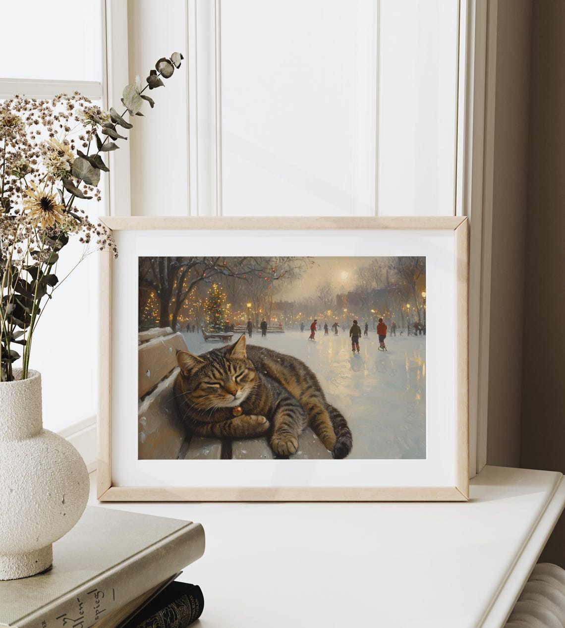 Tabby Cat Napping on a Snowy Park Bench Overlooking Ice Skaters Poster - Image 6