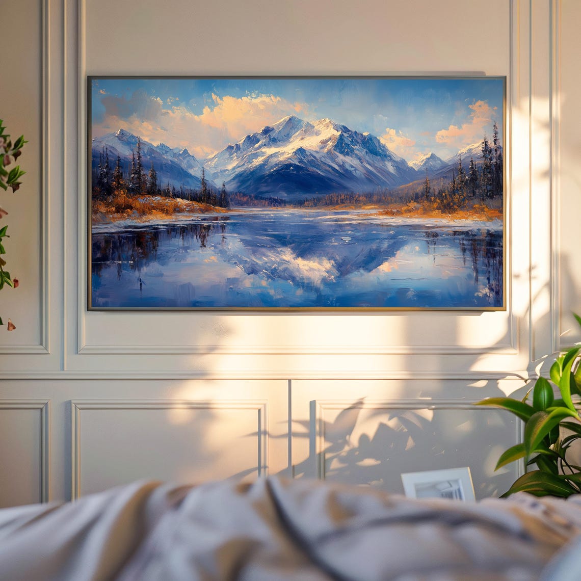 Snowy Peaks Reflected In Lake At Warm Autumn Dawn Mountain Art Poster - Image 4