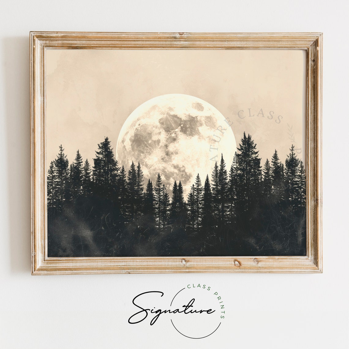 Full Moon Rising Over Pine Forest Silhouette Vintage Night Poster