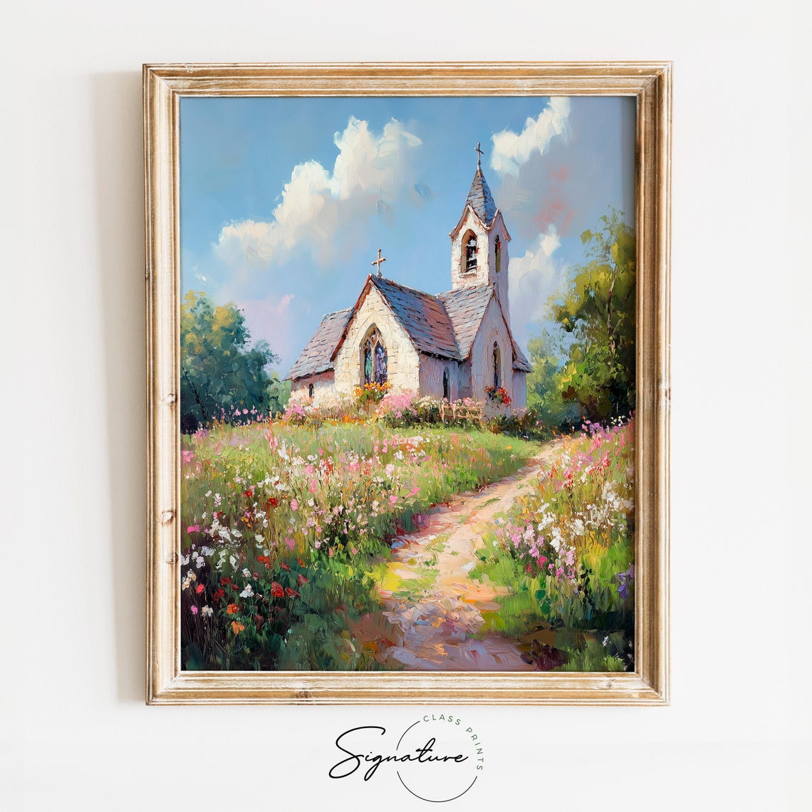 Stone Chapel in Wildflower Meadow Soft Pastel Sky Country Poster