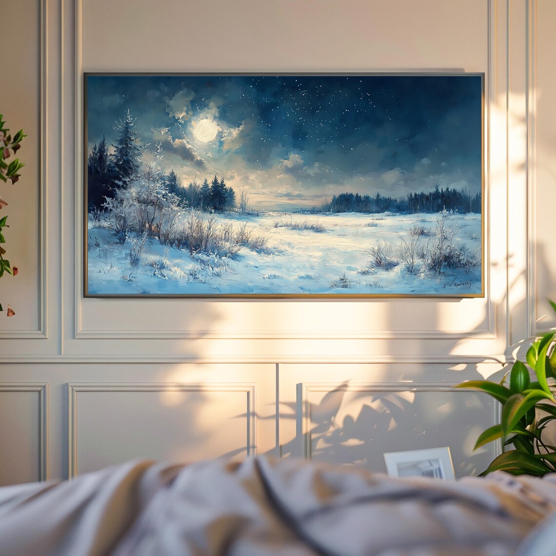 Moonlit Starry Night Over Snowy Pine Forest Field Winter Painting Poster - Image 4