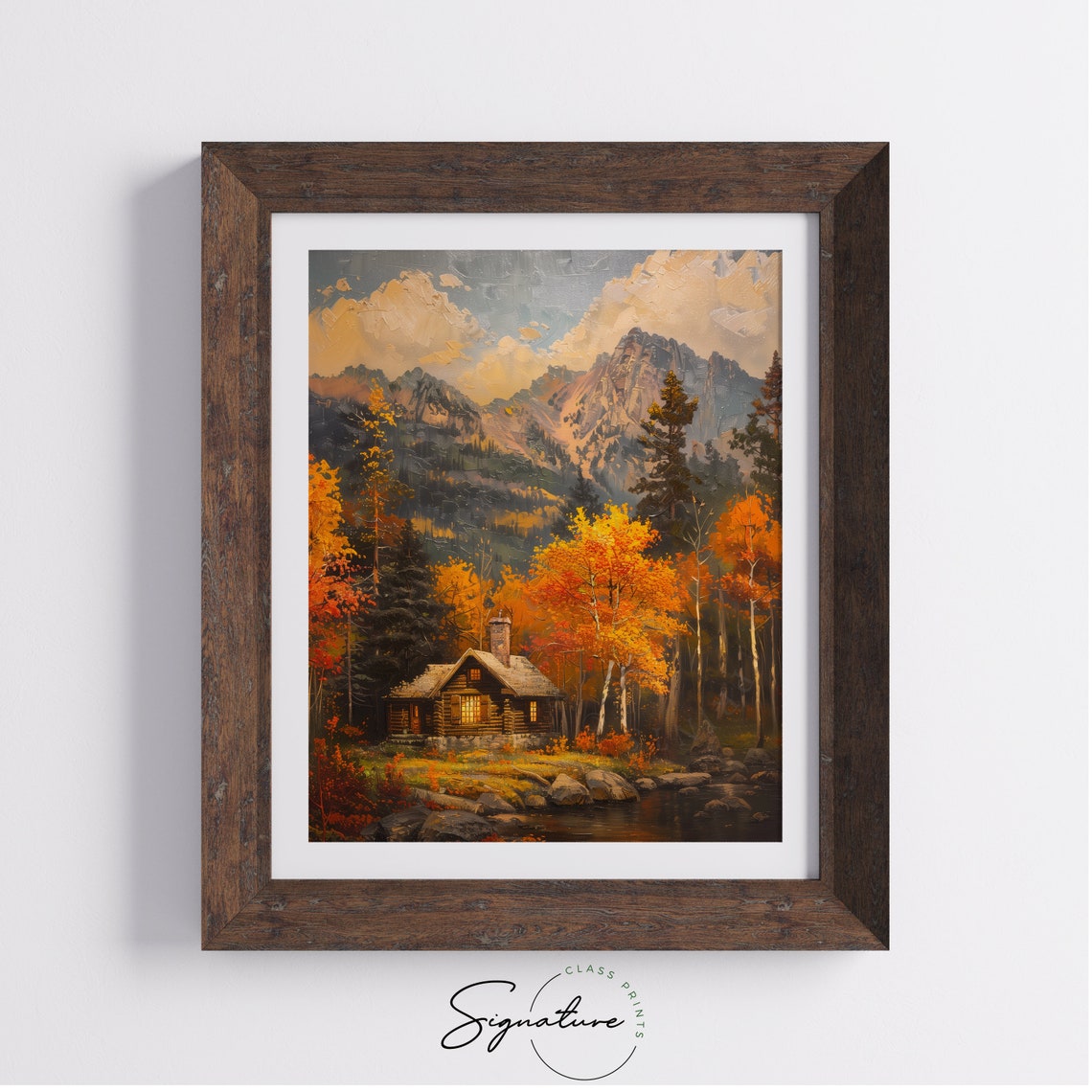 Cozy Log Cabin In Autumn Forest Beneath Rugged Mountain Peaks Poster - Image 4