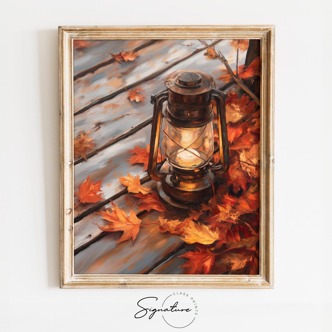 Vintage Lantern Glowing Among Fall Leaves Rustic Autumn Poster