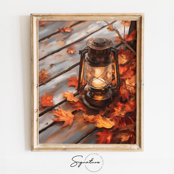 Rustic Lantern And Fall Leaves Cozy Cottagecore Autumn Decor Earthy Lantern Scene Moody Fall Wall Art 1776