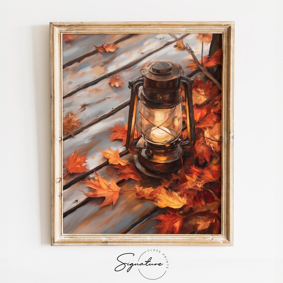 Vintage Lantern Glowing Among Fall Leaves Rustic Autumn Poster