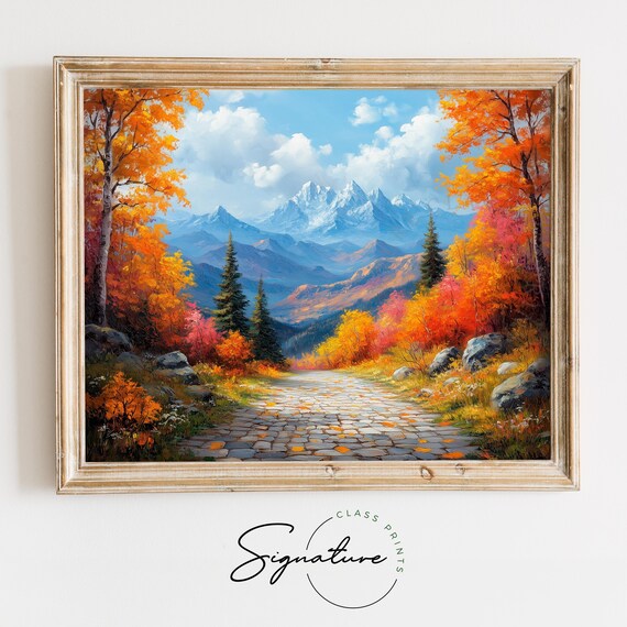 Stone Pathway Through Autumn Forest Toward Snowy Mountains Poster