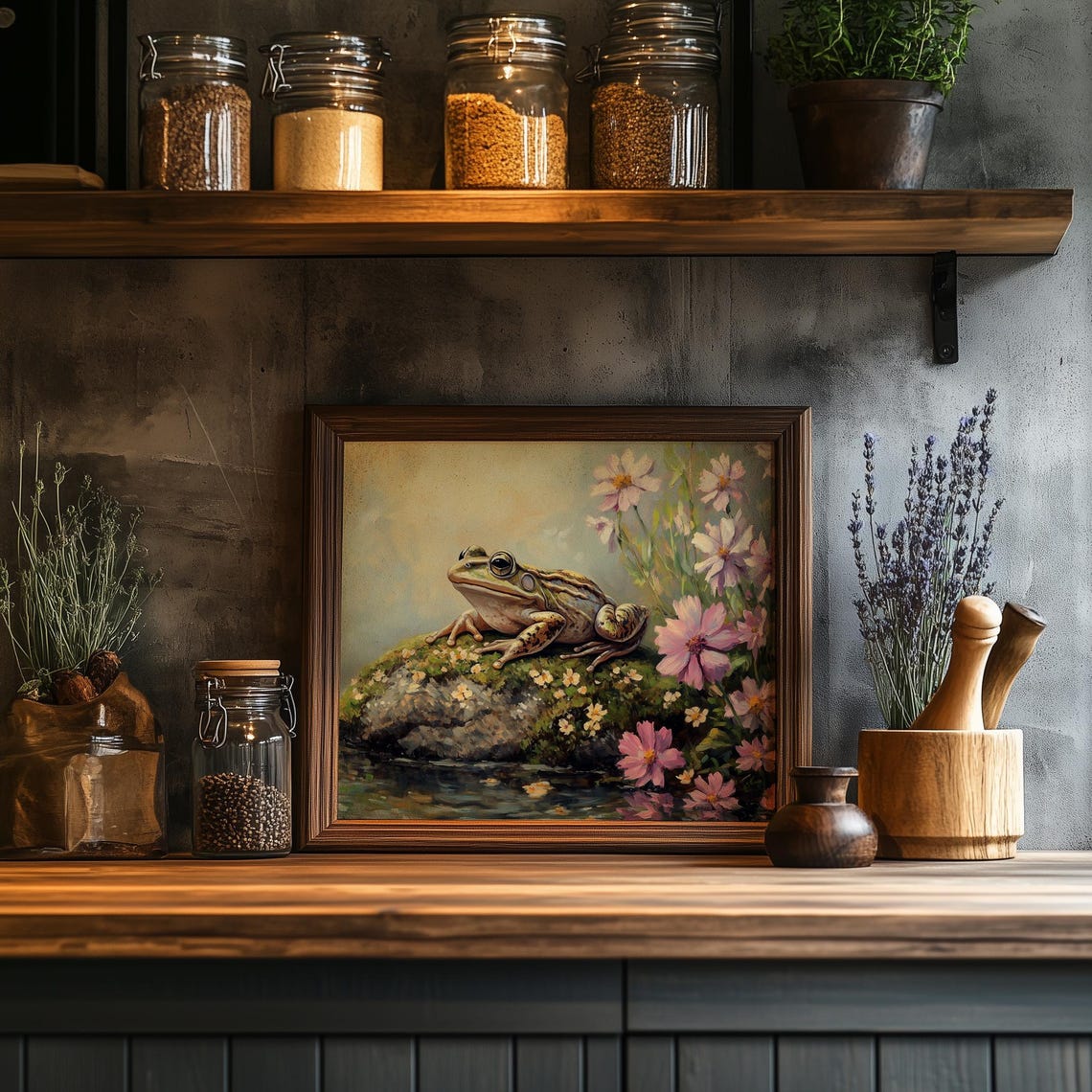 Frog On Mossy Rock Pond Cosmos Flowers Spring Animal Wall Art - Image 2