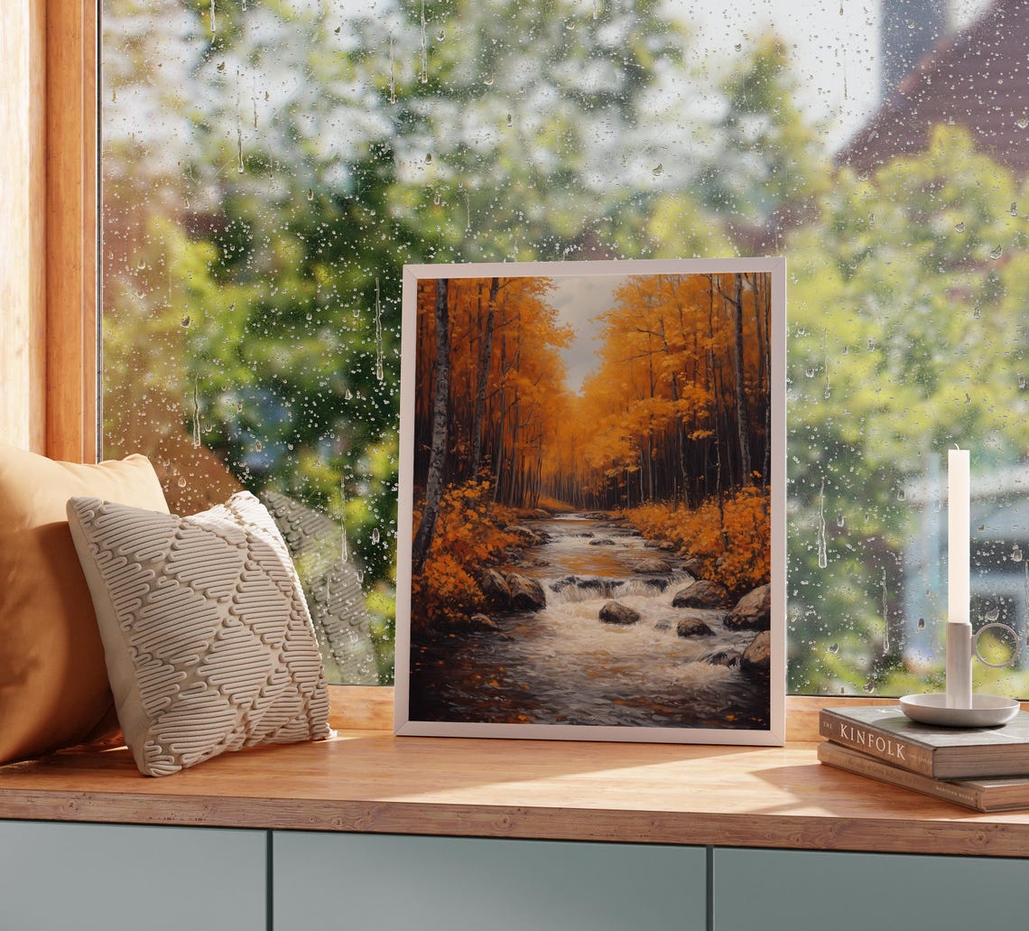Rocky Forest Stream Flowing Through Fiery Orange Autumn Woods Poster - Image 2