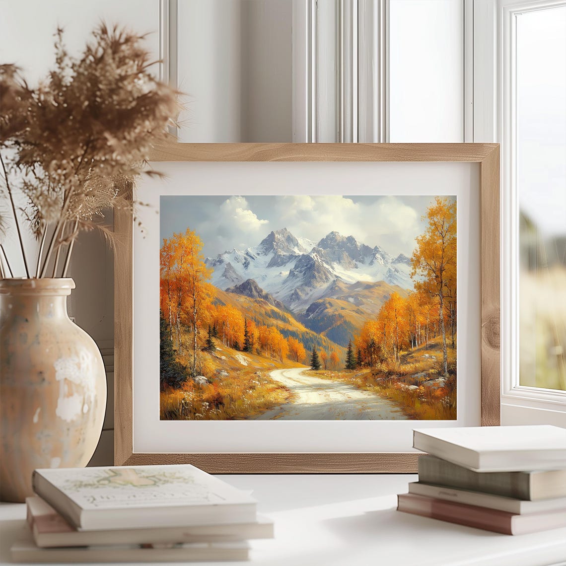 Golden Aspen Autumn Road Snowy Mountain Peaks Fall Landscape Wall Art - Image 2