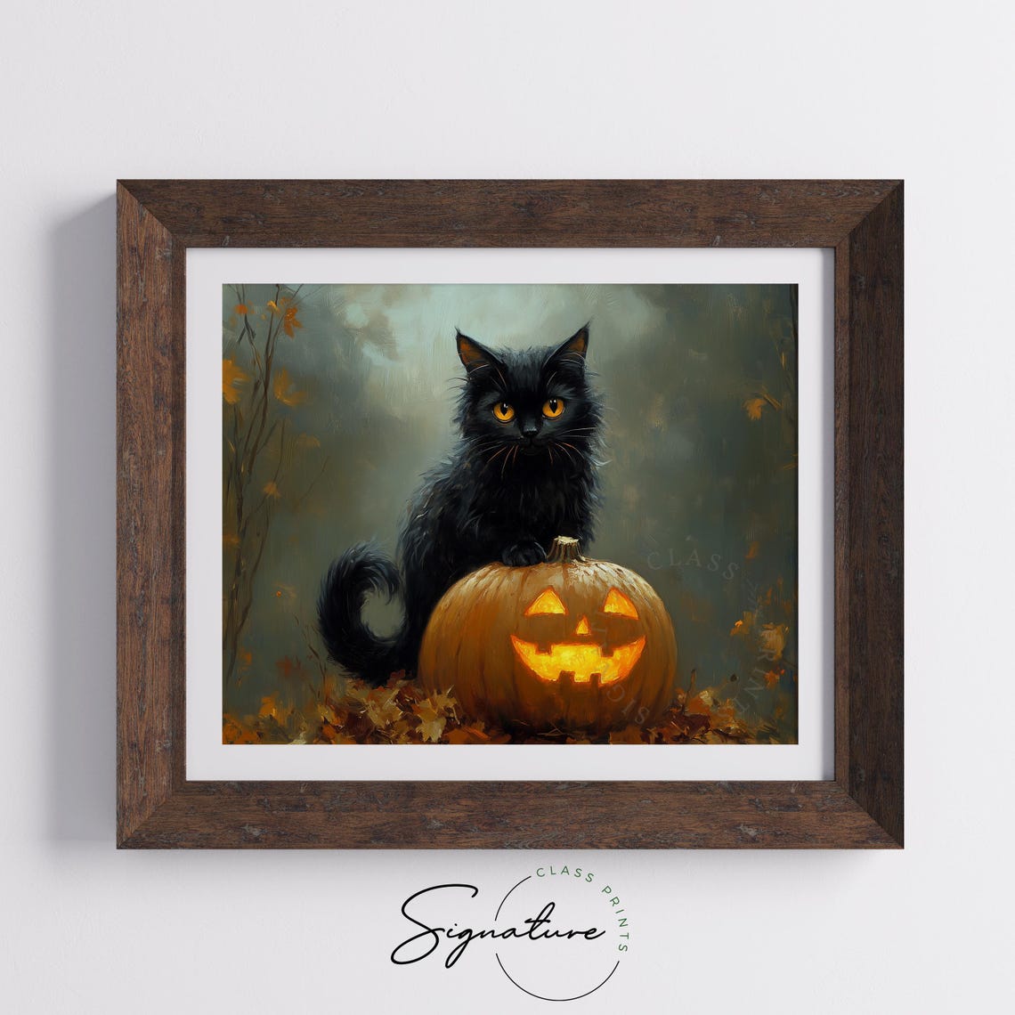 Black Cat With Glowing Amber Eyes Beside a Lit Jack O Lantern Poster - Image 5