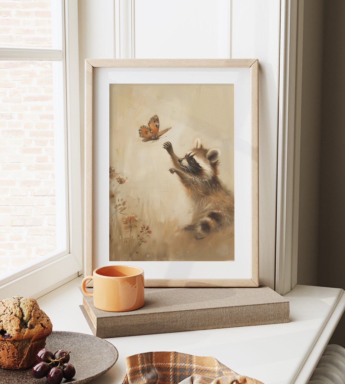 Playful Baby Raccoon Reaching for Butterfly in Meadow Poster - Image 6