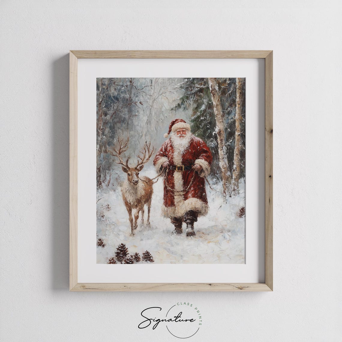 Santa Claus Walking with Reindeer in Snowy Woods Christmas Print - Image 2