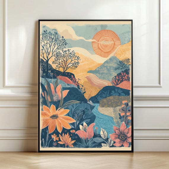 Whimsical Boho Sunset Hills River Folk Nature Big Flowers Poster
