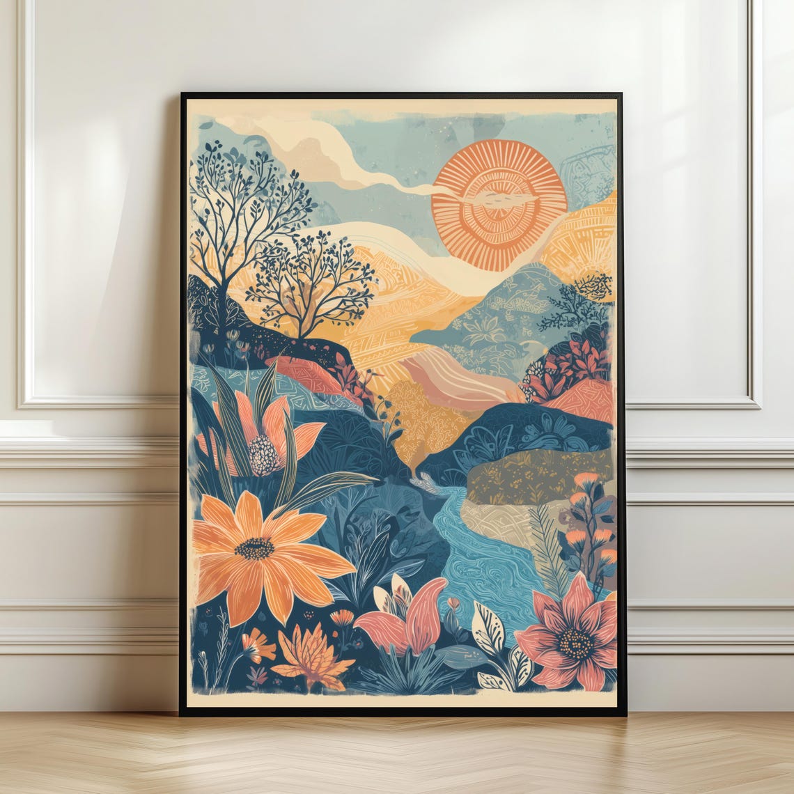 Whimsical Boho Sunset Hills River Folk Nature Big Flowers Poster
