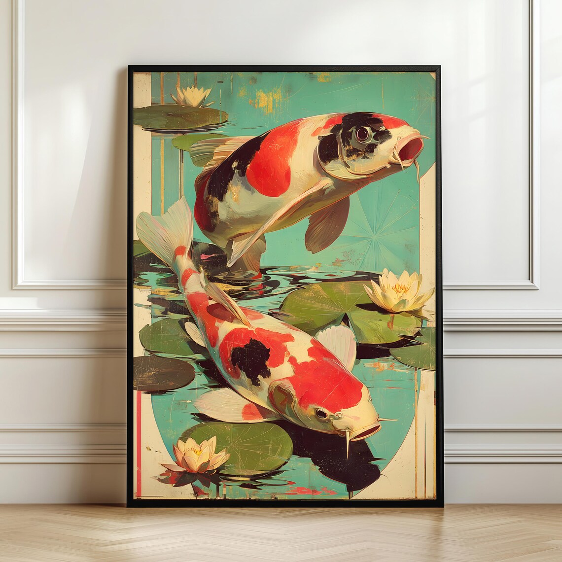 Japanese Koi Fish Pond Lotus Flowers Retro Asian Illustration Poster