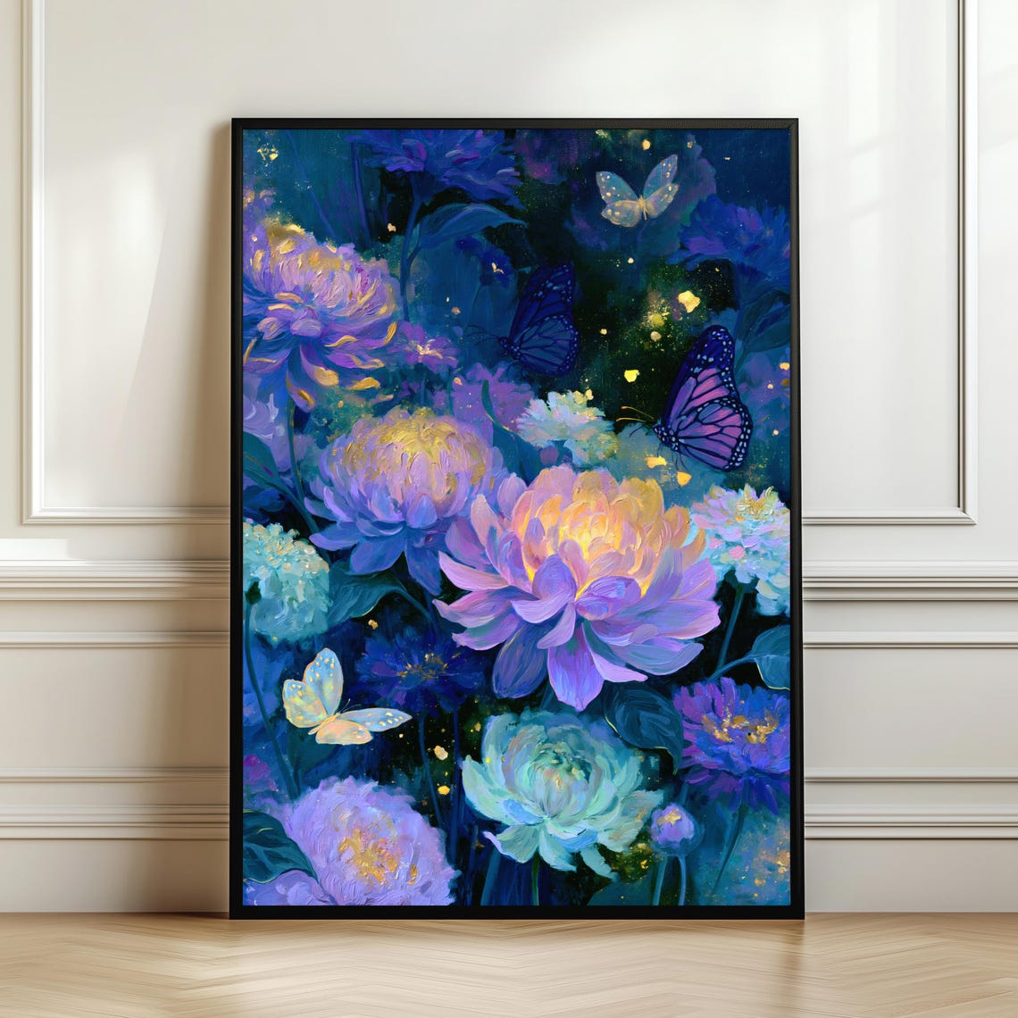 Moonlit Butterfly Garden with Purple Flowers Enchanted Nature Poster
