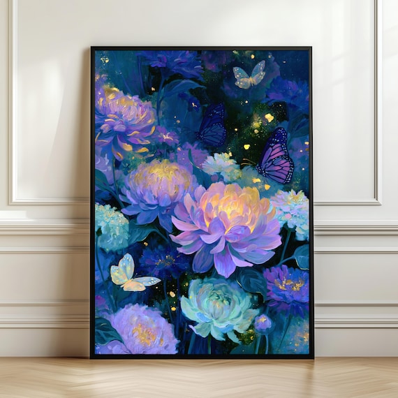Moonlit Butterfly Garden Wall Art Enchanted Floral Print Dreamy Purple Flower Decor Magical Nature Artwork Gift Digital Download