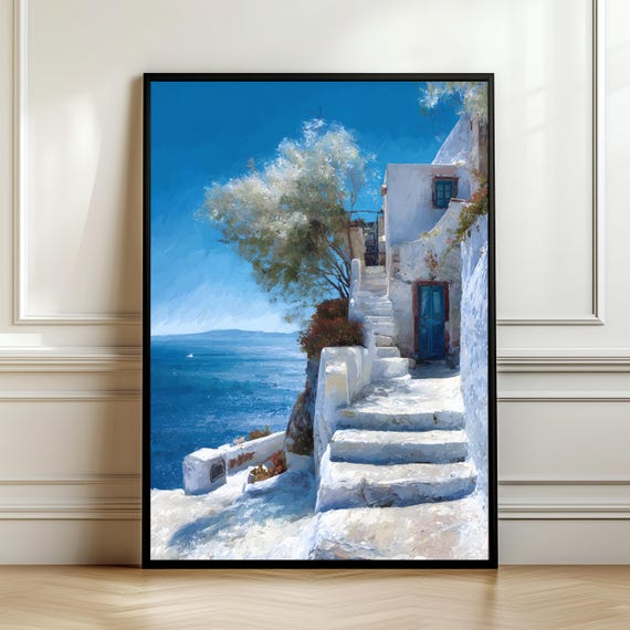 Mediterranean Island Coastal Poster Blue Sea Print Santorini Wall Art Travel Decor Digital Download