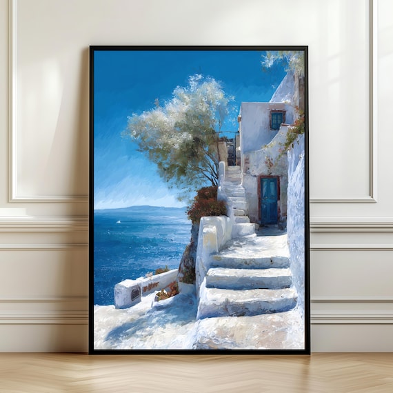 Whitewashed Greek Island Alley Blue Door Aegean Sea View Poster