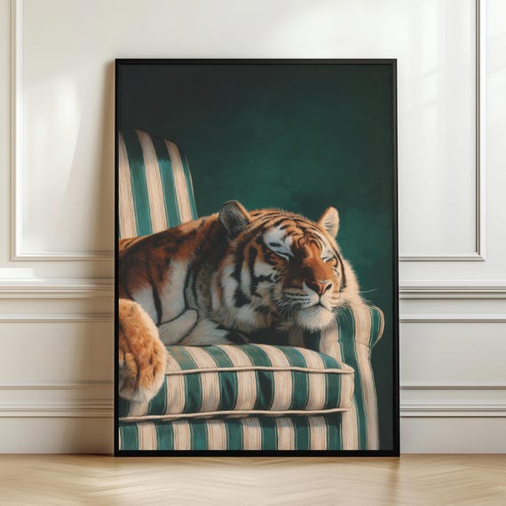 Sleeping Tiger Sofa Wall Art Cozy Wildlife Painting Elegant Animal Poster Warm Luxury Decor Peaceful Nature Artwork Digital Download