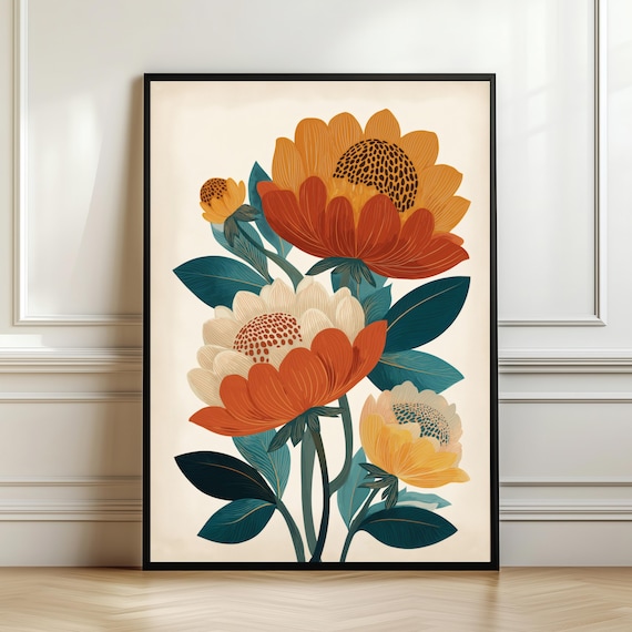 Mid Century Botanical Terracotta Orange Floral Cream Wall Art
