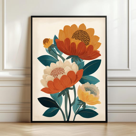Mid Century Botanical Wall Art Modern Floral Print Terracotta Mustard Flower Poster Scandinavian Nature Decor Digital Download