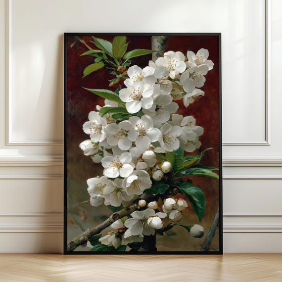 Vintage Cherry Blossom Wall Art Floral Oil Painting Print Elegant Botanical Poster White Flower Luxury Decor Digital Download