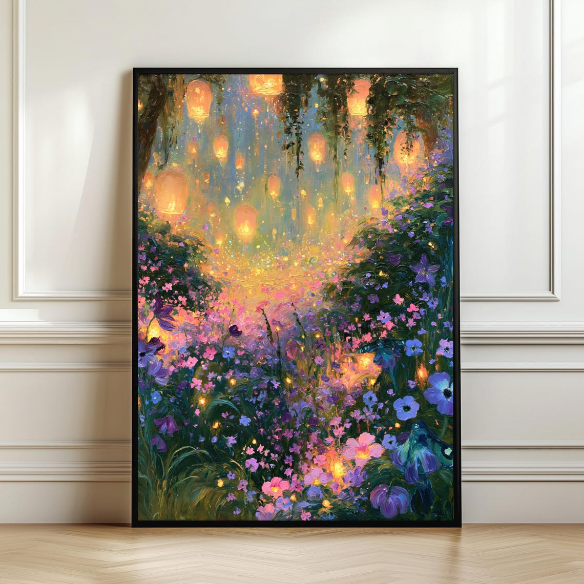 Secret Lantern Garden Night Path Enchanted Floral Oil Painting Poster