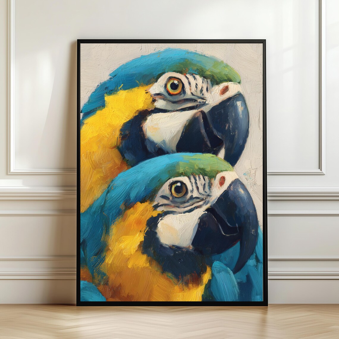 Blue and Yellow Macaw Parrot Couple Painterly Portrait Poster