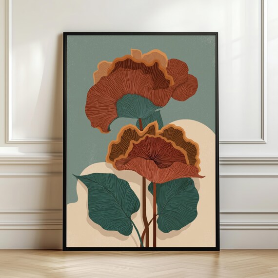 Mid Century Modern Rust Poppies Botanical Floral Sage Art Poster
