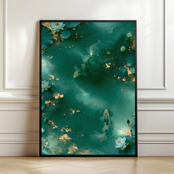 Emerald Green Koi Fish Wall Art Luxury Lotus Pond Painting Japanese Water Garden Print Decor Digital Download