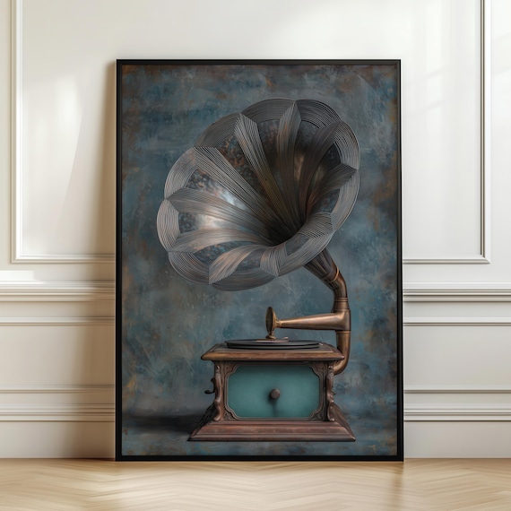Vintage Gramophone Oil Painting Antique Music Horn Phonograph Poster