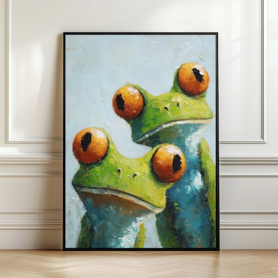 Two Tree Frogs Oil Painting Green Vibrant Amphibian Animal Art Poster