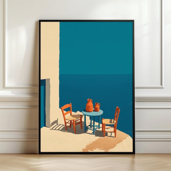 Minimalist Mediterranean Terrace With Teal Ocean View Poster