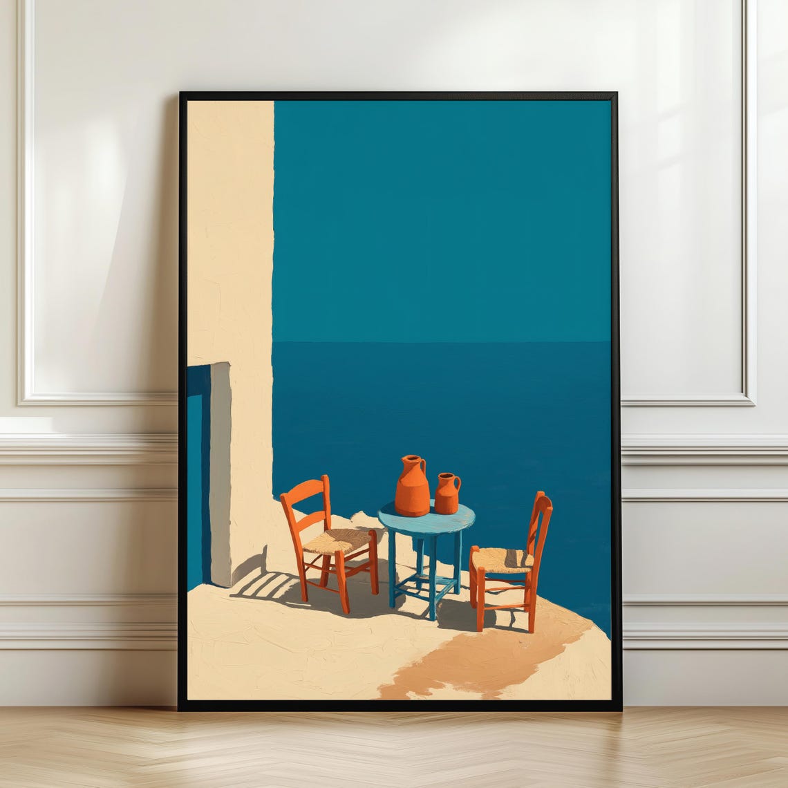 Minimalist Mediterranean Terrace With Teal Ocean View Poster
