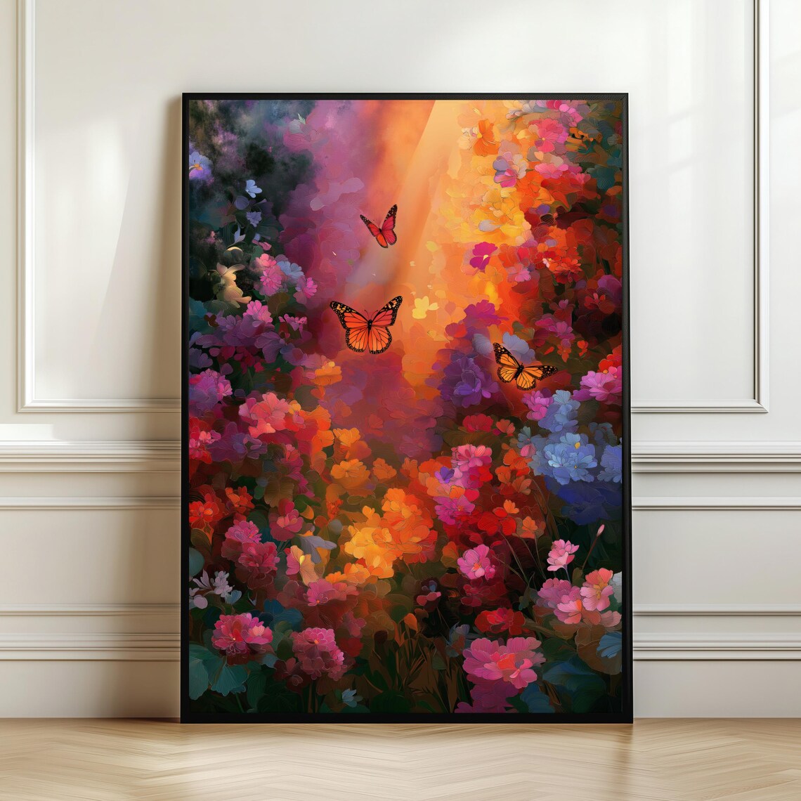 Sunlit Butterfly Meadow with Monarchs in Colorful Flower Garden Poster