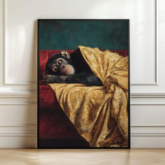 Monkey Wall Art Print Cozy Sleeping Chimp Artwork Luxury Animal Painting Golden Blanket Decor Elegant Wildlife Poster Digital Download