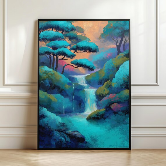 Japanese Waterfall Wall Art Zen Nature Print Japandi Landscape Poster Calming Blue Green Artwork Spa Decor Digital Download