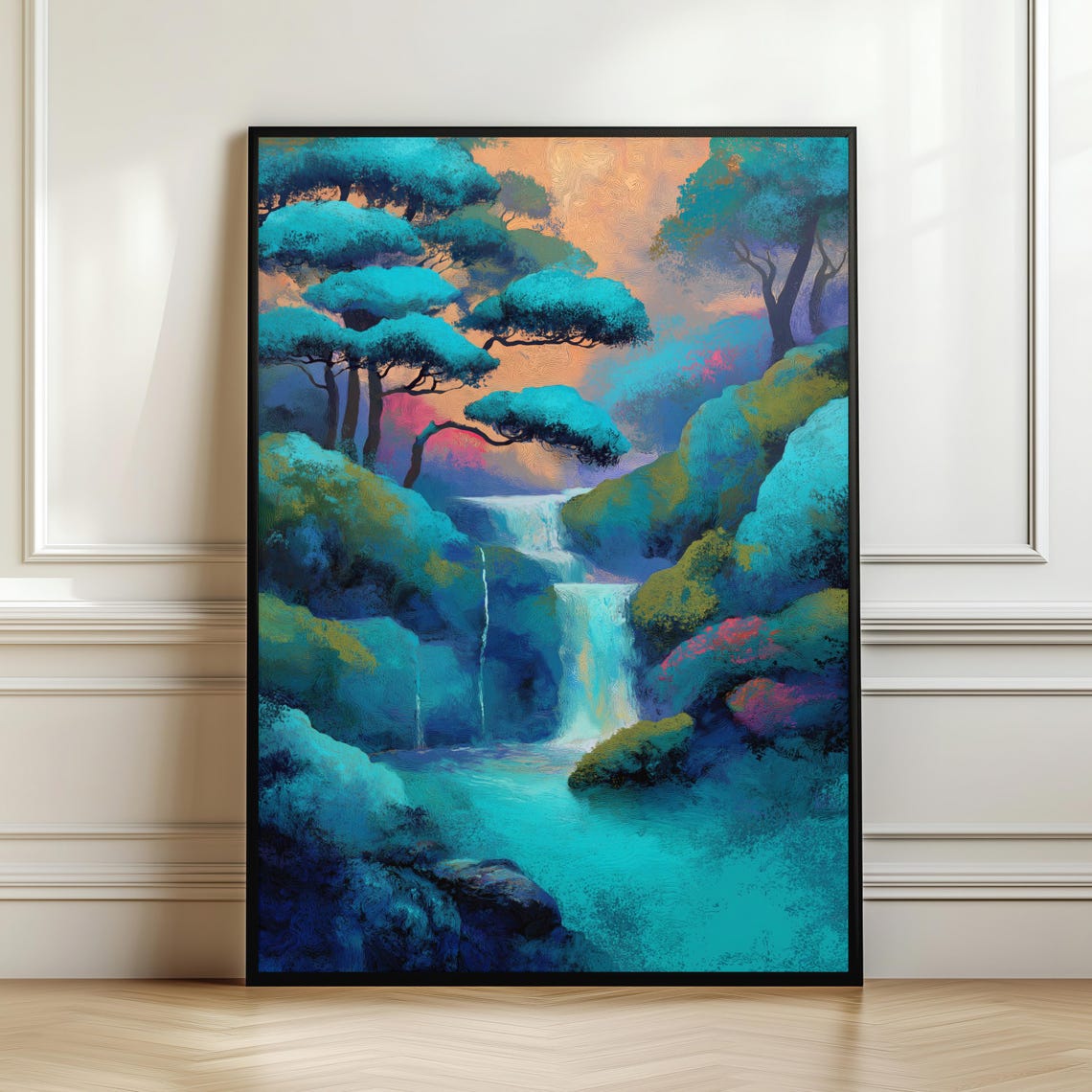 Turquoise Waterfall in a Japanese Forest Zen Landscape Poster
