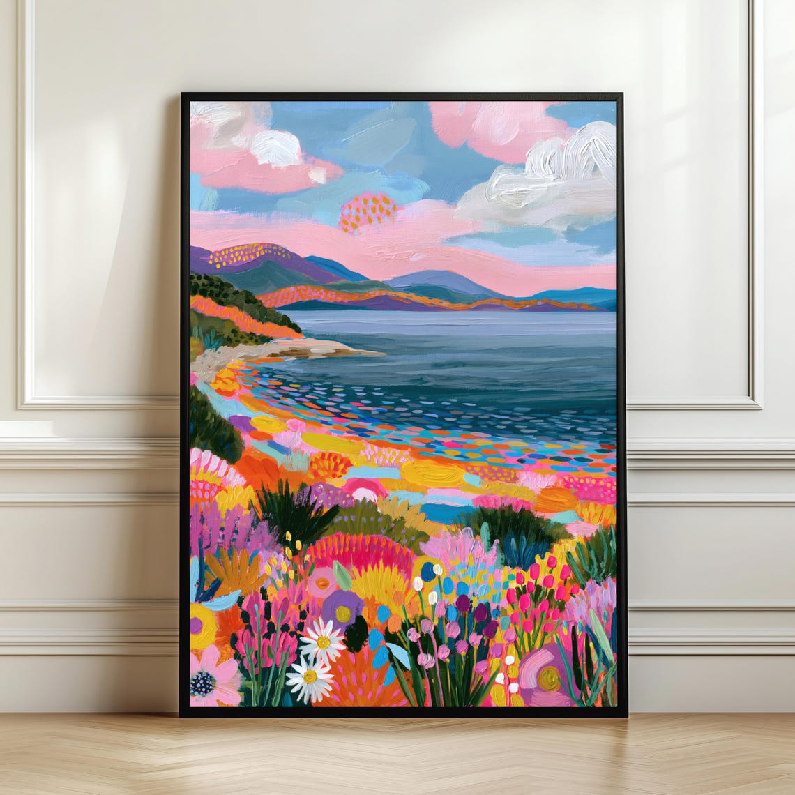 Vibrant Coastal Bay Sunset Wildflower Meadow Abstract Art Poster