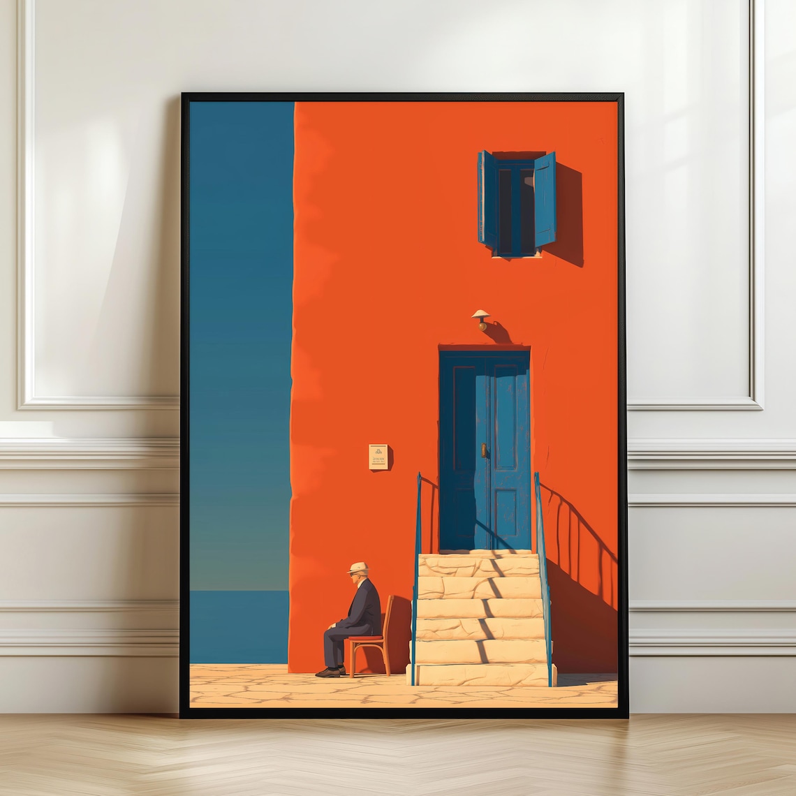 Mediterranean Orange House Art Print, Minimal Coastal