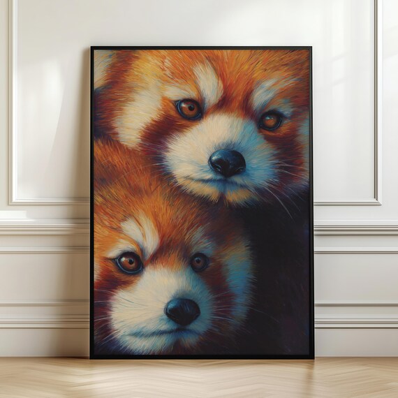 Red Panda Pair Close Portrait In Rich Orange Tones Wildlife Art Poster