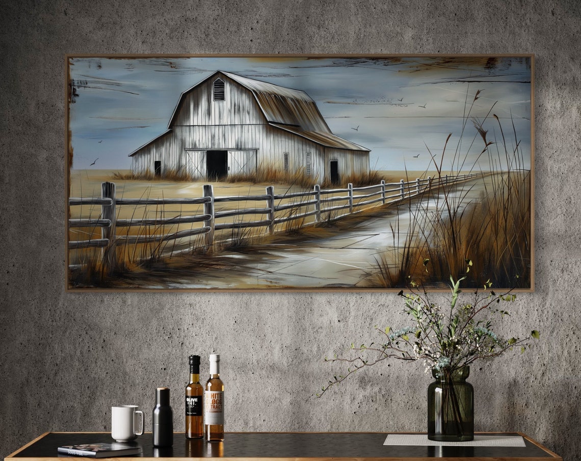 White Barn Country Road Wheat Field Rustic Panoramic Wall Art - Image 3